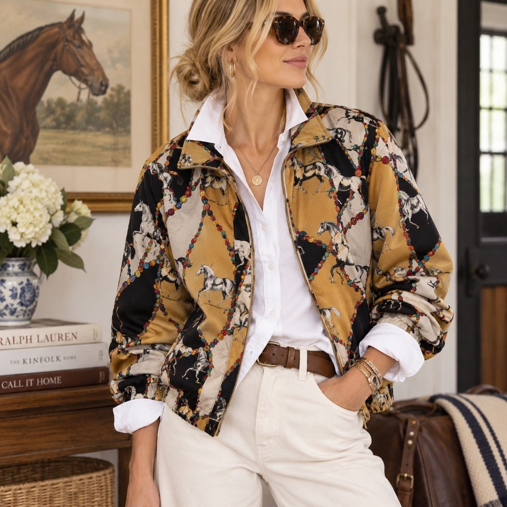 Vintage Western Horse Print Silk Bomber Jacket Womens 2X Equestrian Streetwear